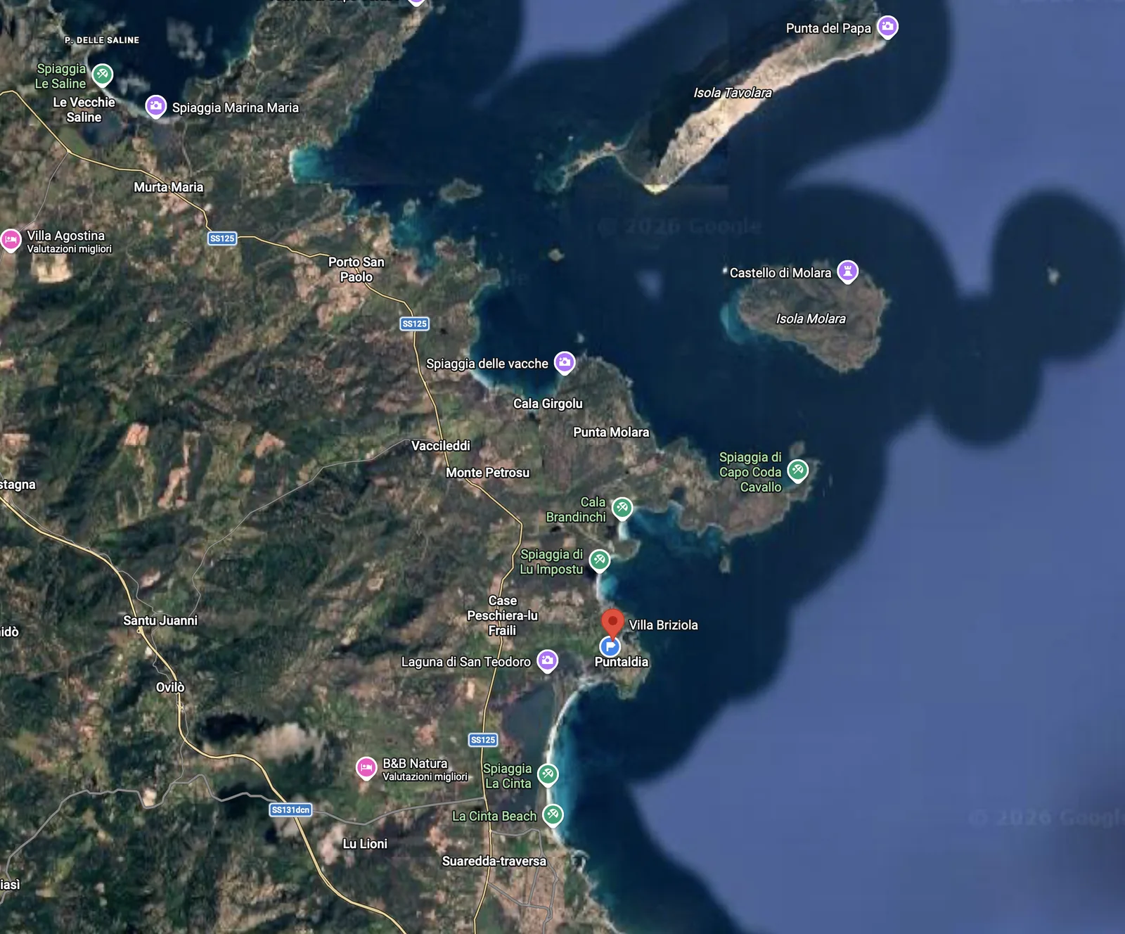 Mappa di Puntaldia con Villa Briziola, La Cinta, Lu Impostu e Tavolara